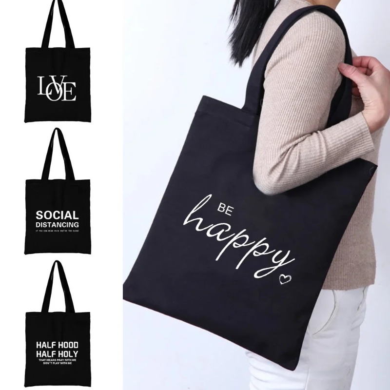 Tote Bag Canvas Print - Kawaii Cartoon Orange Cat Print Black