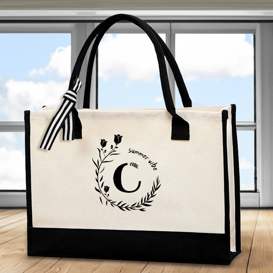 Tote Bag Canvas Print - Leather letter print tote bag, large