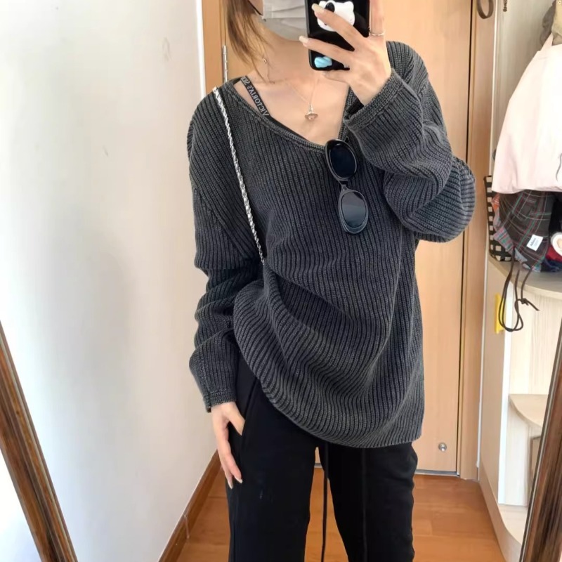 V-neck Washed Solid Color Casu - Street Fashion Winter 2025 评论和价格
