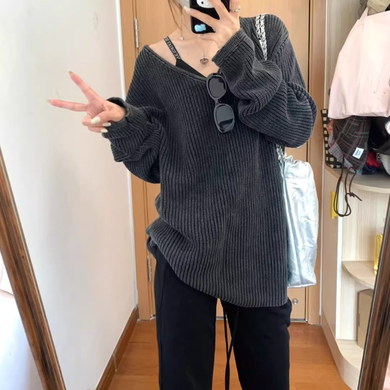 V-neck Washed Solid Color Casu - Street Fashion Winter 2025 评论和价格